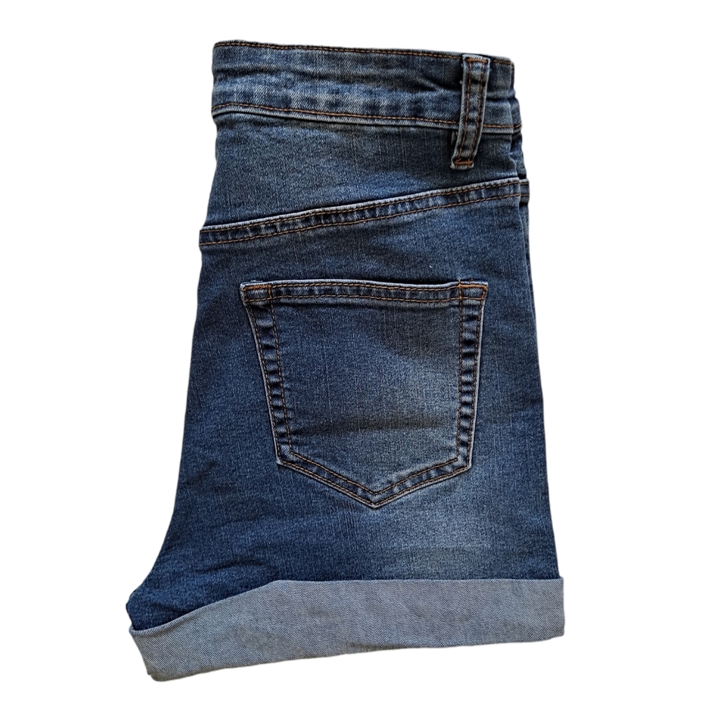 Chiqle short cuffed high waist button fly blue denim shorts - Picture 2 of 6
